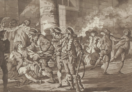 Man on the street being arrested by soldiers, print, album page, Print is part of an album.,