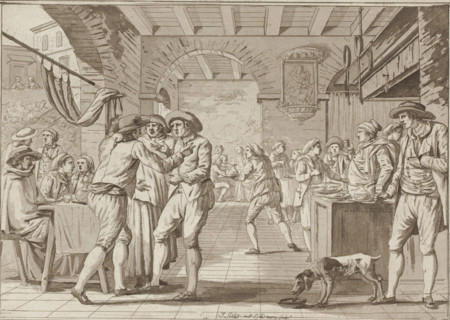 Quarrelsome figures in a dining room, print, album page, Print is part of an album., printmaker: