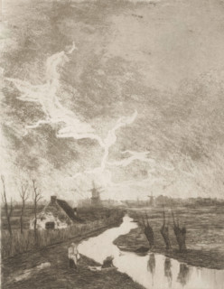 Meadow landscape with ditch, farm and mills, Environs de La Haye (original title), print,