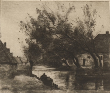 Village view with ditch and boats, Paysage (original title), print, printmaker: Philip Zilcken