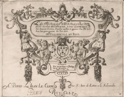 Title print with cartouche and ornamental frame with putti, Seven Ages of Man, Les Figvres Et
