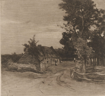 Farm on a country road with trees, Village (original title), print, annotation: 'état définitif',