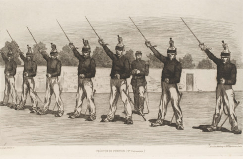 Peloton soldiers with drawn sword, Peloton de punition, L'eau-forte en 1875, French etchings from