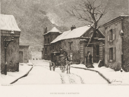 Rue des Rosiers à Montmartre, View of the Rue des Rosiers in Montmartre, French etching from 1875,