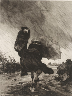 Retour d'une bonne action, Two women in a rain shower, L'eau-forte en 1875, French etchings from