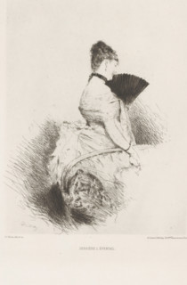 Woman with fan, Derrière l'Éventail, L'eau-forte en 1875, French etching from 1875, print, Series