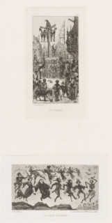 View of a square with a gallows, Les pendus, L'eau-forte en 1875, French etchings from 1875, print,