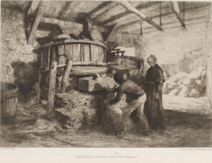 Interior of a mill, Intérieur de moulin à Kersaint (Finistère), L'eau-forte en 1875, French etching