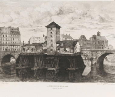 La pompe du Pont Notre-Dame, View of the Pont Notre-Dame, L'eau-forte en 1875, French etching from