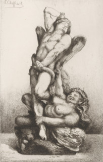 Naked man captured by snake and naked woman, Les liens du mal, L'eau-forte en 1875, French etching