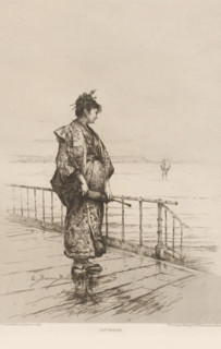 Japonaise, Standing woman in Japanese dress, L'eau-forte en 1877, French etching from 1877, print,