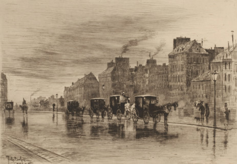 A matinée d'hiver au quai de l'Hôtel Dieu, Street view in the rain, L'eau-forte en 1877, French