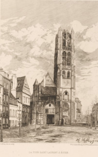 View of the tower of Saint-Laurent in Rouen, La tour saint Laurent à Rouen, French etching from