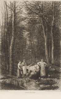 Two women and a man at a source, Source en forêt, French etchings from 1877, L'eau-forte en 1877,