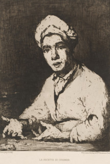 Young chef explaining a recipe, La recette du cuisinier, L'eau-forte en 1877, French etching from