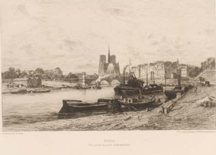 View of Notre-Dame, Paris, Vue prize du pont d'Austerlitz, L'eau-forte en 1877, French etchings
