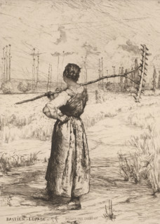 Woman with rake in field, Return of the fields, French etchings from 1878, Water-based in 1878,