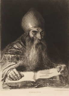 Reading bishop, Un père d'église, French etching from 1878, L'eau-forte en 1878, print, Series