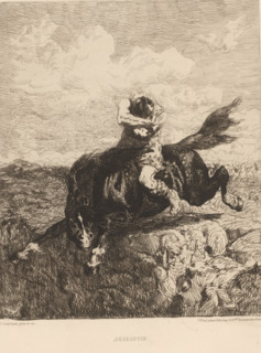 Despair, Soldier on horseback plunges into a ravine, French etchings from 1878, L'eau-forte en
