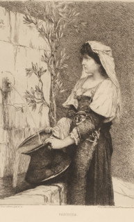 Woman filling a jug at a fountain, Pascuccia, L'eau-forte en 1878, French etching from 1878, print,