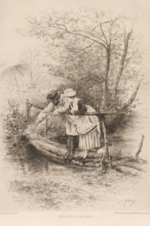 Forest landscape with fishing couple, Très fort à la ligne, French etching from 1878, L'eau-forte