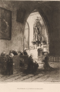 Pélerinage à la Vierge de Kersaint, Women praying in a church, French etching from 1878,