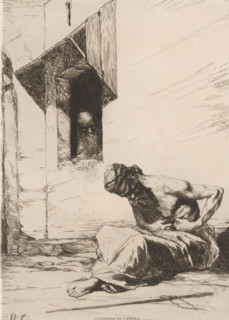 Sitting beggar in front of a house, Souvenir de Tangier, French etchings from 1878, L'eau-forte en