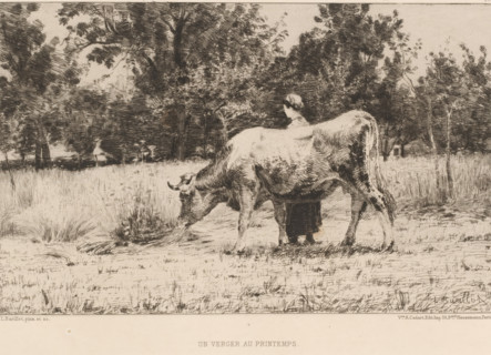 Woman and cow in meadow, Un verger au printemps, French etchings from 1878, L'eau-forte en 1878,