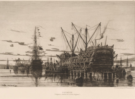 Portsmouth, View of ships in Portsmouth, L'eau-forte en 1878, French etchings from 1878, print,