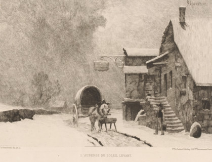 L'auberge du soleil levant, Inn in the snow, French etchings from 1878, L'eau-forte en 1878, print,