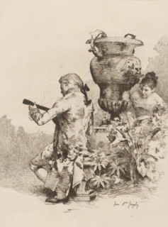L'écoute, Man making music on a garden bench, French etchings from 1878, L'eau-forte en 1878,