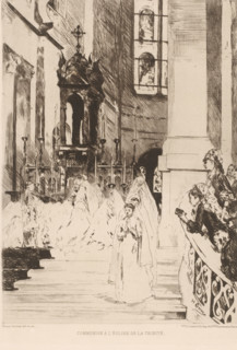 Communion à l'église de la Trinité, First Holy Communion in a church, French etching from 1878,