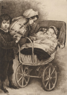 The baby's exit, Woman and boy with child in pram, French etchings from 1879, The water-forte in