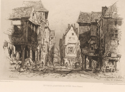View of an old district of Vitré, Un vieux quartier de Vitré, L'eau-forte en 1879, French etching