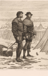 Two soldiers in a tent camp, La levée du siège de Metz en 1553, L'eau-forte en 1879, French etching