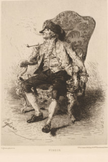 Fumeur, Pipe smoking man in chair, L'eau-forte en 1879, French etching from 1879, print, Series