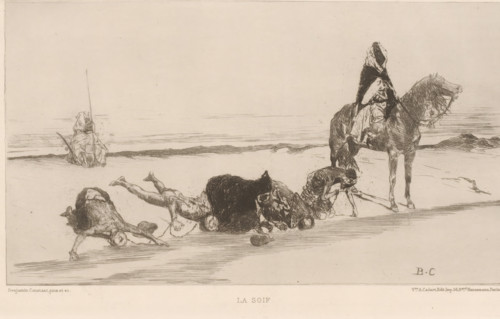 The thirst, Figures drinking by a spring in the desert, French etchings from 1879, L'eau-forte en