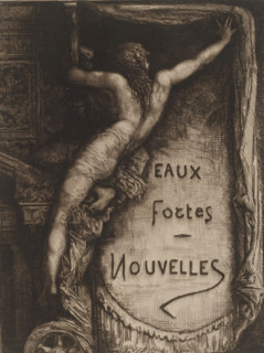 Eaux Fortes Nouvelles, Title print with naked woman revealing title, French etchings from 1880,