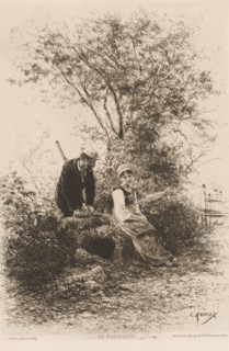 Forest landscape with hunter and a seated young farmer's wife, Un maraudeur, L'eau-forte en 1880,