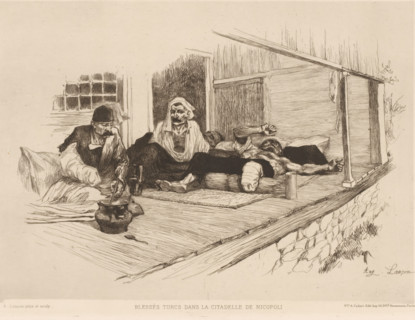 Wounded men lying on a veranda, Blessés Turcs dans la citadelle de Nicopoli, French etching from