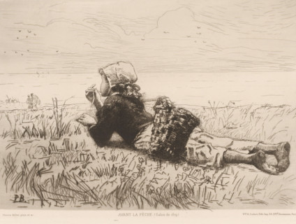 Avant la pèche, Girl lying in the grass, L'eau-forte en 1880, French etching from 1880, print,