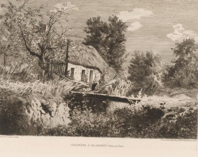 Landscape with farm, Chaumière à Valhermey, French etchings from 1880, L'eau-forte en 1880, print,