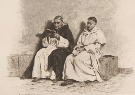 Au couvent, Two seated monks, French etching from 1880, L'eau-forte en 1880, print, Series number,
