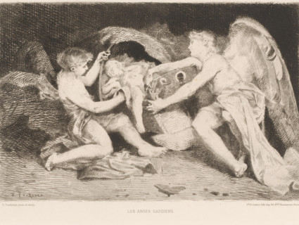 Les anges gardiens, Guardian angels with a sleeping child, L'eau-forte en 1880, French etching from