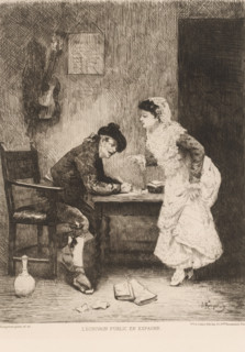Woman dictating a letter to a writing man, L'écrivain public en Espagne, French etchings from 1880,
