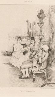 Chez l'impressario, Salon with four seated women and men, French etchings from 1880, L'eau-forte en