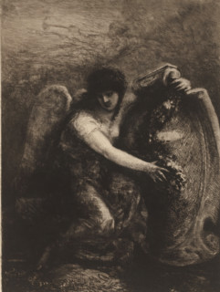 Female angel with cartouche, L'eau-forte en 1881, French etching from 1881, print, watermark,
