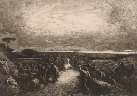 Dans les campaignes de Rome, Landscape with rider in a crowd, French etchings from 1881,