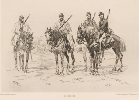 L'escorte, Four soldiers on horseback, L'eau-forte en 1881, French etching from 1881, print, Series