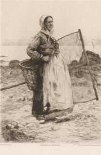 Fisherman's wife, Pécheuse de crevettes, French etchings from 1881, L'eau-forte en 1881, print,